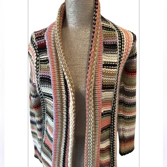 Boston Proper Fringed Ivory Multicolored Striped Open Duster Cardigan Size Small - Picture 5 of 15